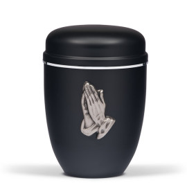 Stahlurne, Schwarz Matt, zinnf.. Betende Hände, Silberband