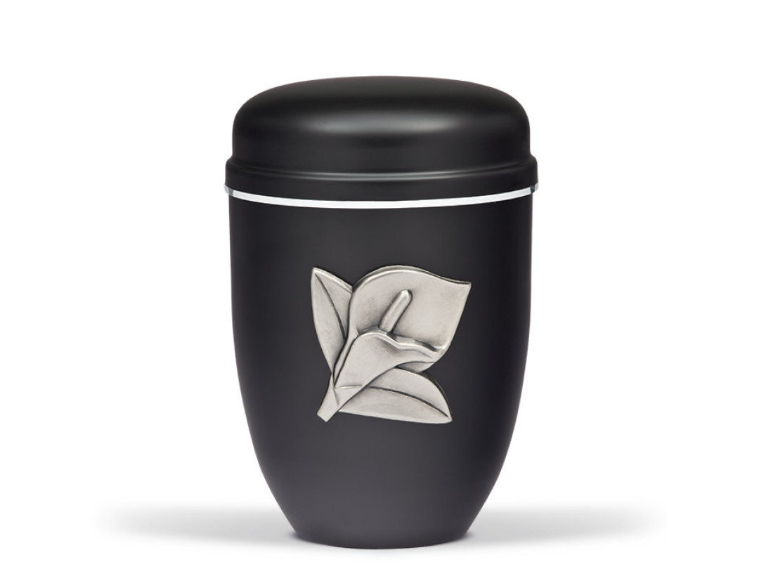 Stahlurne, Schwarz Matt, zinnf. Calla Silberband