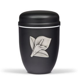 Stahlurne, Schwarz Matt, zinnf. Calla Silberband