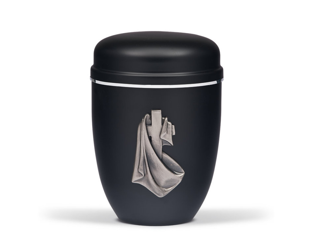 Stahlurne, Schwarz Matt, zinnf. Kreuz- Tuch, Silberband