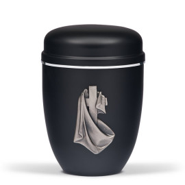 Stahlurne, Schwarz Matt, zinnf. Kreuz- Tuch, Silberband