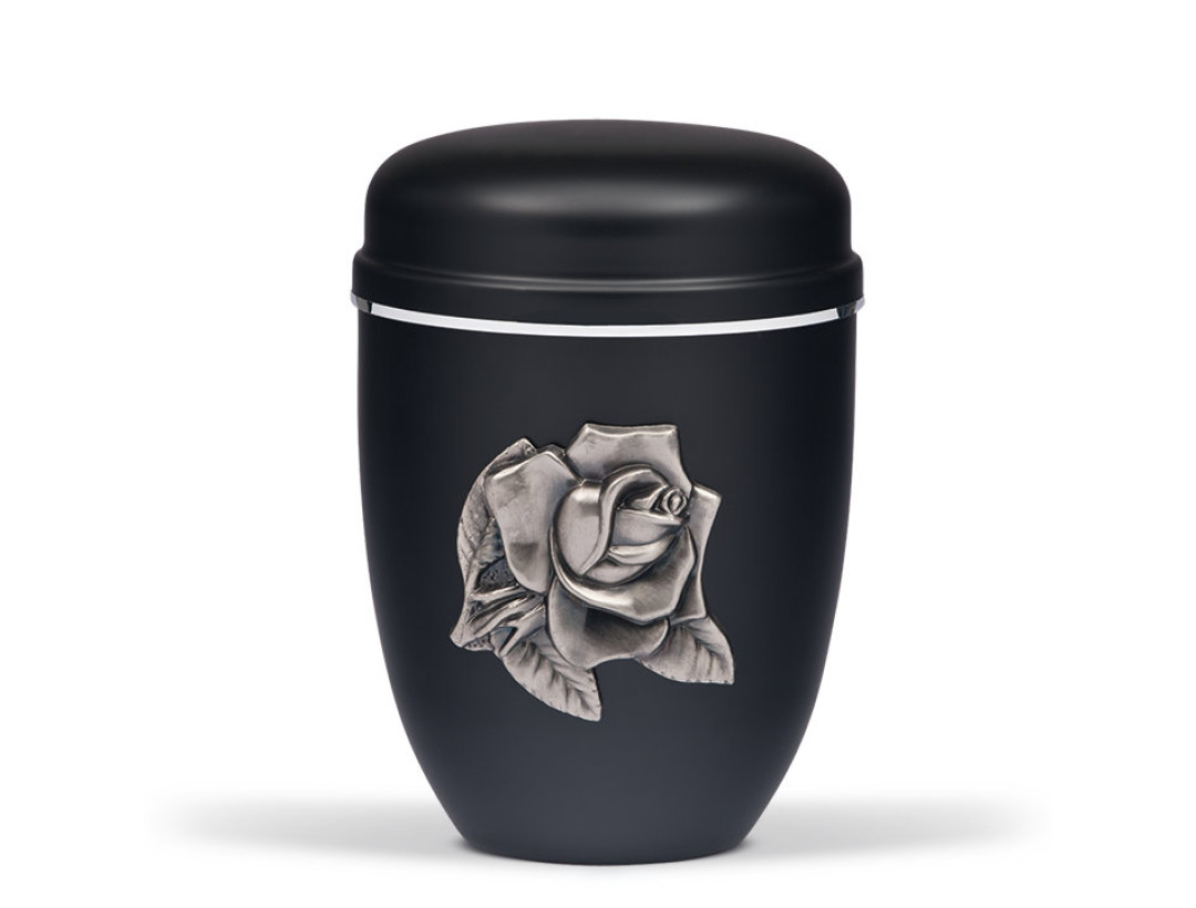 Stahlurne, Schwarz Matt, zinnf. Rose Silberband