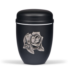 Stahlurne, Schwarz Matt, zinnf. Rose Silberband