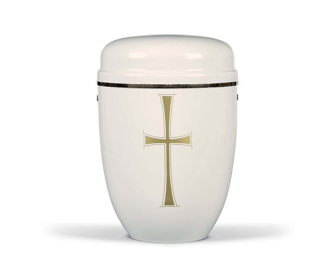 Stahlurne, Cremeweiß, Goldkreuz, Goldband