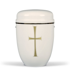 Stahlurne, Cremeweiß, Goldkreuz, Goldband