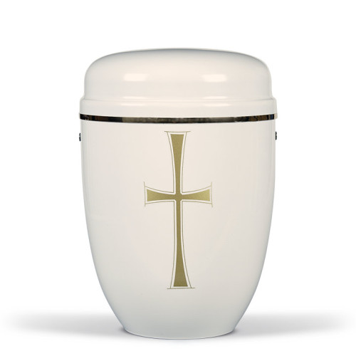 Stahlurne, Cremeweiß, Goldkreuz, Goldband