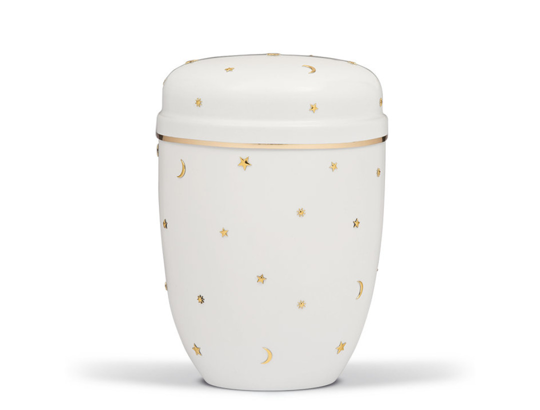 Stahlurne, Cremweiß, Goldband, Sonne, Mond, Sterne