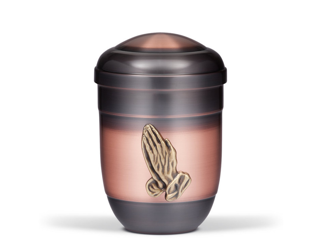 Kupferurne, Altkupfer, Mess. Betende Hände, (entspicht dem Modell 41-3)