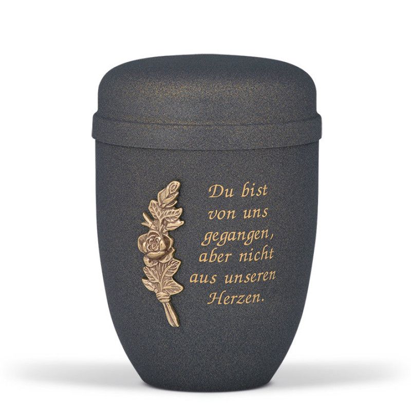 Stahlurne in Grau Anthrazit mit Velours-Antik-Design, verziert mit goldfarbener Rosenbund-Dekoration und einer eingravierten Inschrift.