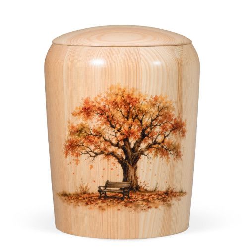 Holzurne, Kiefer Natur, Gedrechselt, Motiv bedruckt: Baum mit Bank