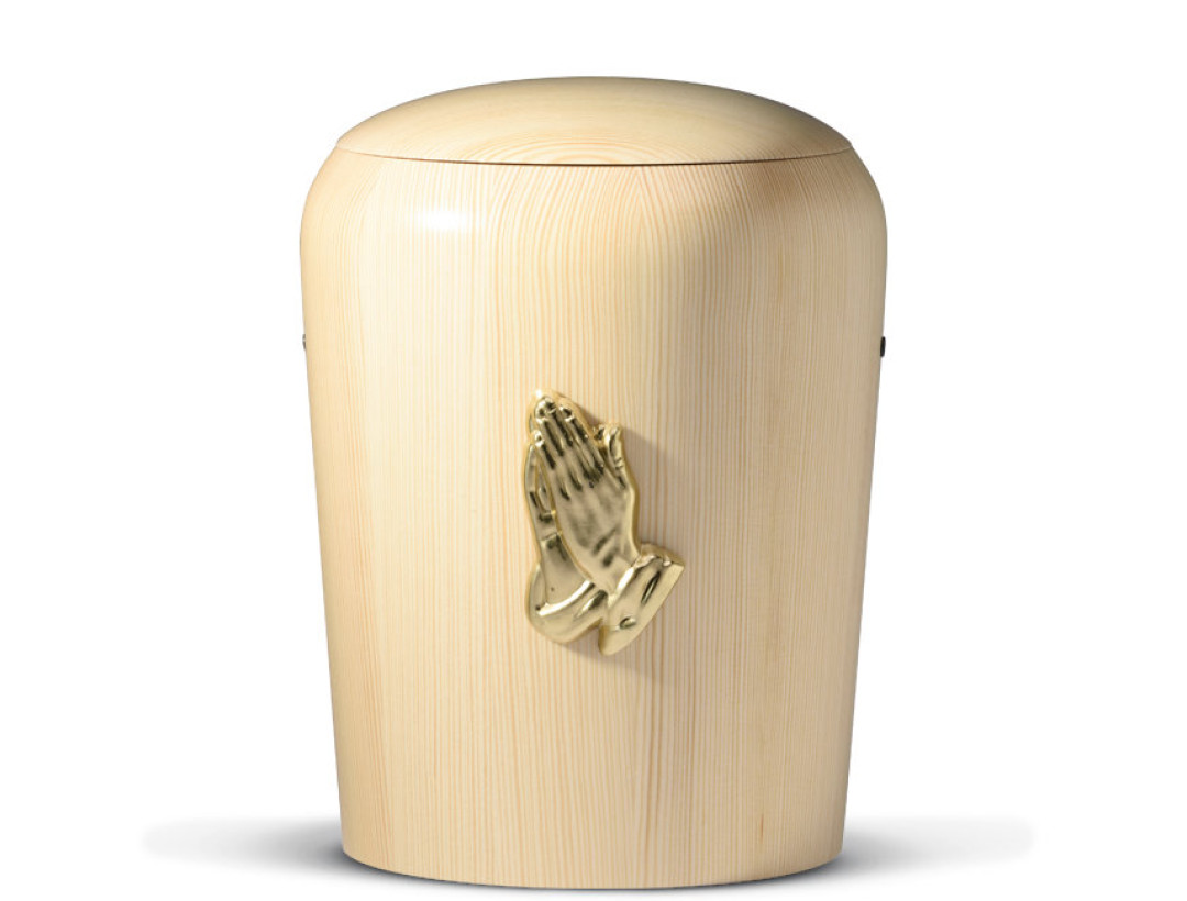 Holzurne, Kiefer Natur, Gedrechselt Messing Betende Hände