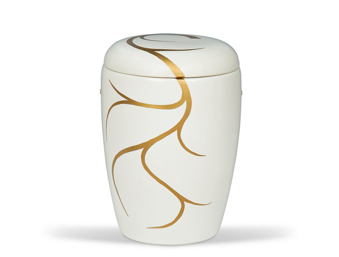 Keramikurne Weiss, Handbemaltes Motiv: Bronze Ranke