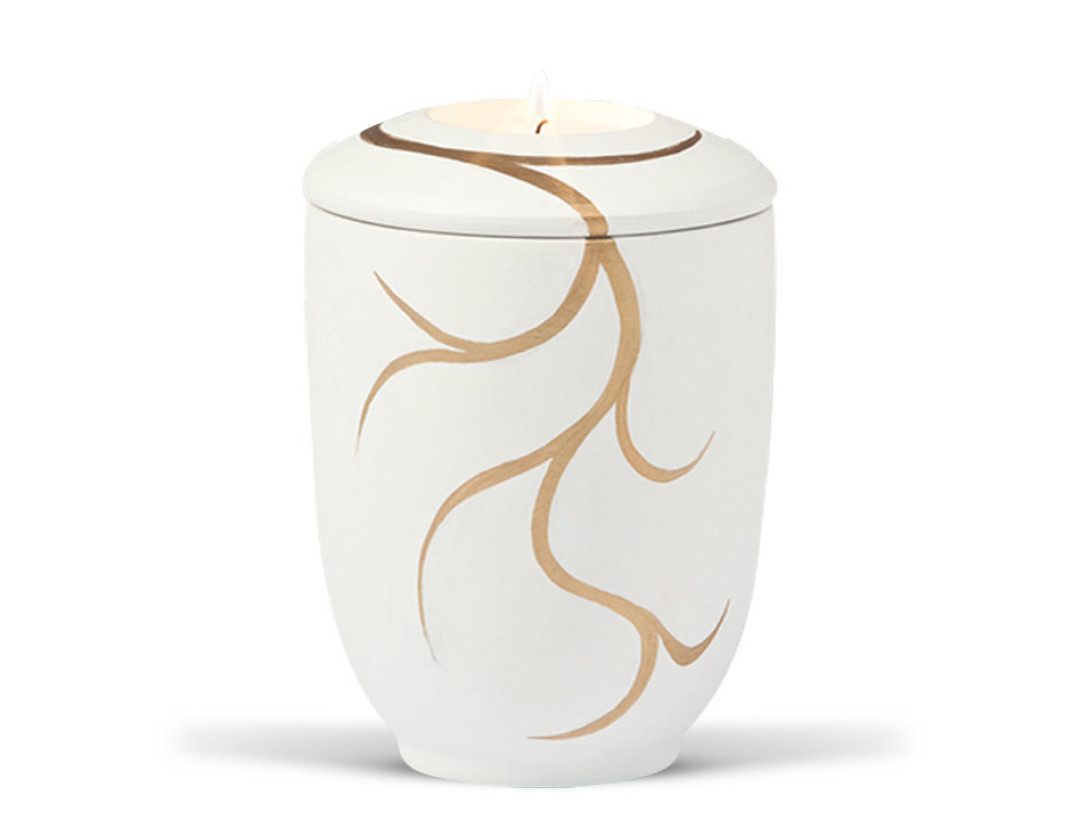 Keramikurne Weiß, Handbemaltes Motiv: Bronze Ranke - MINI -, Teelicht