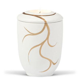 Keramikurne Weiß, Handbemaltes Motiv: Bronze Ranke - MINI -, Teelicht