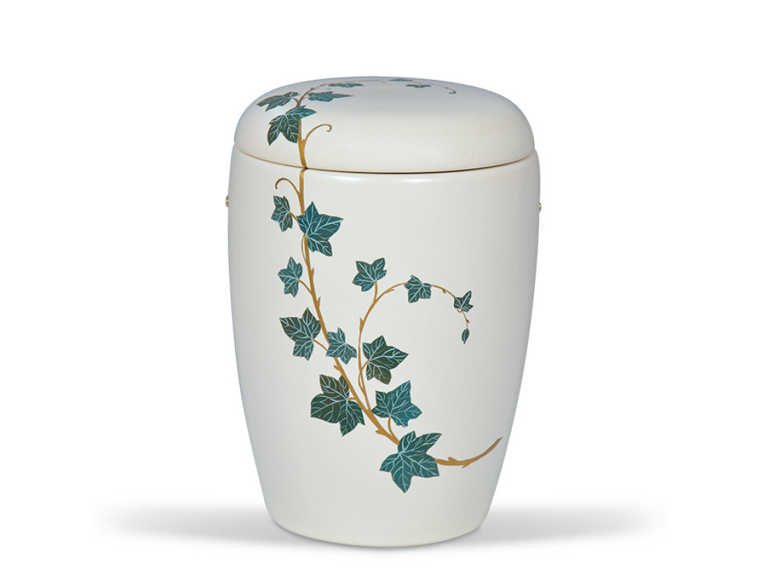 Keramikurne Weiß, Handbemaltes Motiv: Efeu