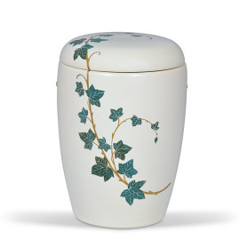 Keramikurne Weiß, Handbemaltes Motiv: Efeu