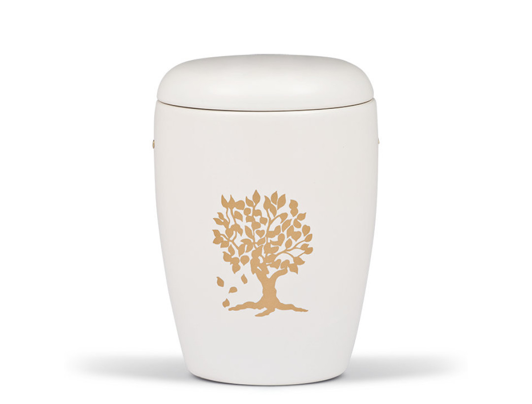 Keramikurne Weiß, Lebensbaum geklebt