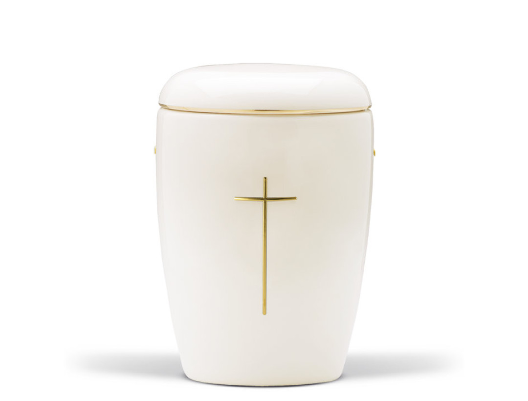 Keramikurne, Weiß glasiert, Goldband, Kreuz Stripdome