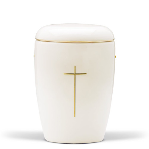 Keramikurne in Weiß mit glasiertem Finish, verziert mit einem goldenen Kreuz und einem goldenen Rand, in Gesamtansicht.