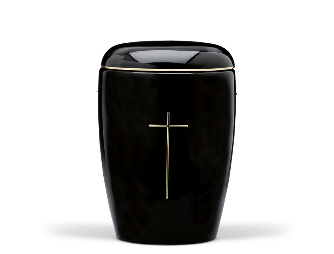 Keramikurne, Schwarz glasiert Goldbandverz., Gold Stripdome Kreuz
