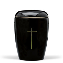 Keramikurne, Schwarz glasiert Goldbandverz., Gold Stripdome Kreuz