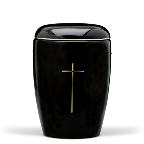 Keramikurne in Schwarz mit glänzender Glasur, verziert mit einem goldenen Band und einem goldenen Kreuz, Gesamtansicht.