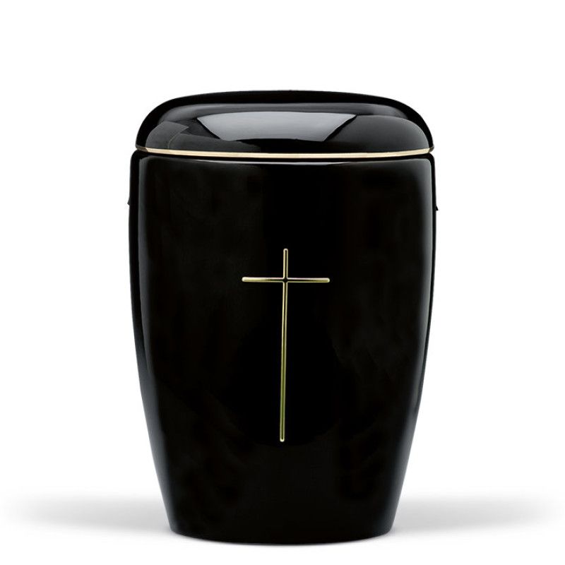 Keramikurne in Schwarz mit glänzender Glasur, verziert mit einem goldenen Band und einem goldenen Kreuz, Gesamtansicht.
