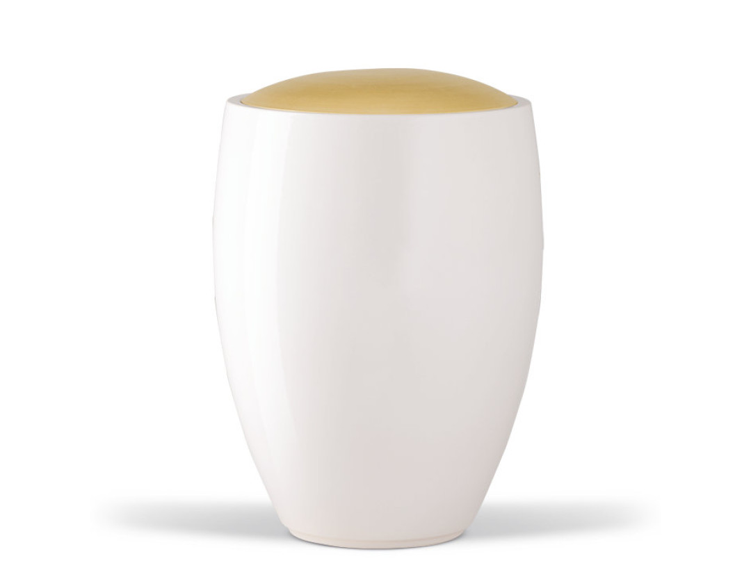 Keramikurne, Weiß glasiert, Deckel Goldfarbig