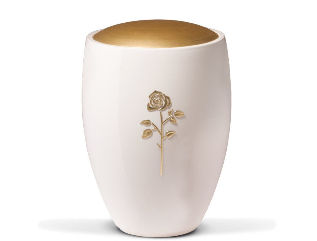 Keramikurne, Weiß glasiert, Deckel Goldfarbig, Rose Stripdome