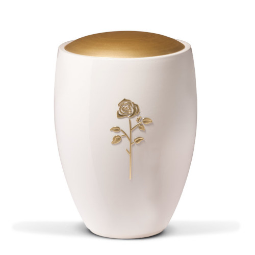 Keramikurne in Weiß mit glasiertem Finish, goldfarbiger Deckel und einer reliefierten Rose auf der Vorderseite, Gesamtansicht.