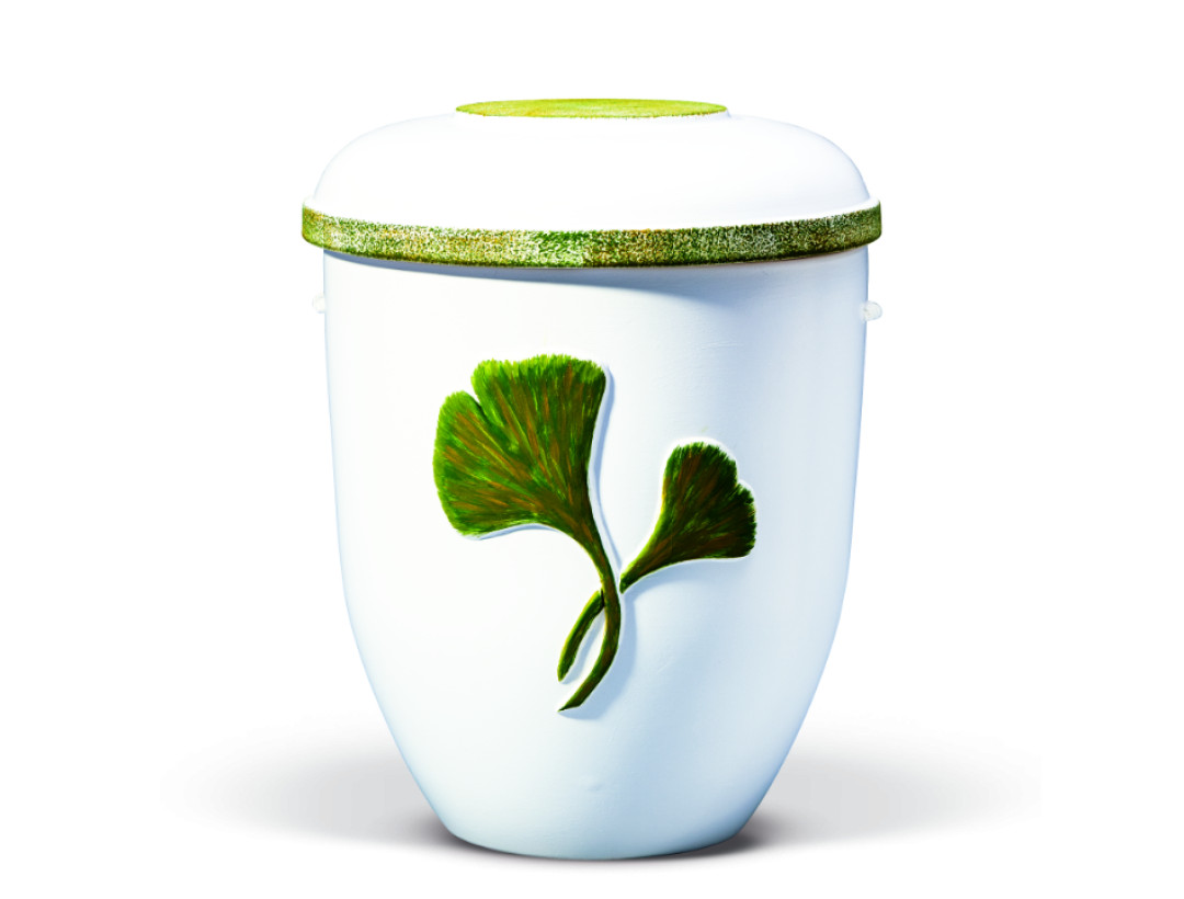 Keramikurne, Niedrig Gebrannt, Weiß, Ginko Blätter