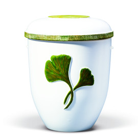 Keramikurne, Niedrig Gebrannt, Weiß, Ginko Blätter