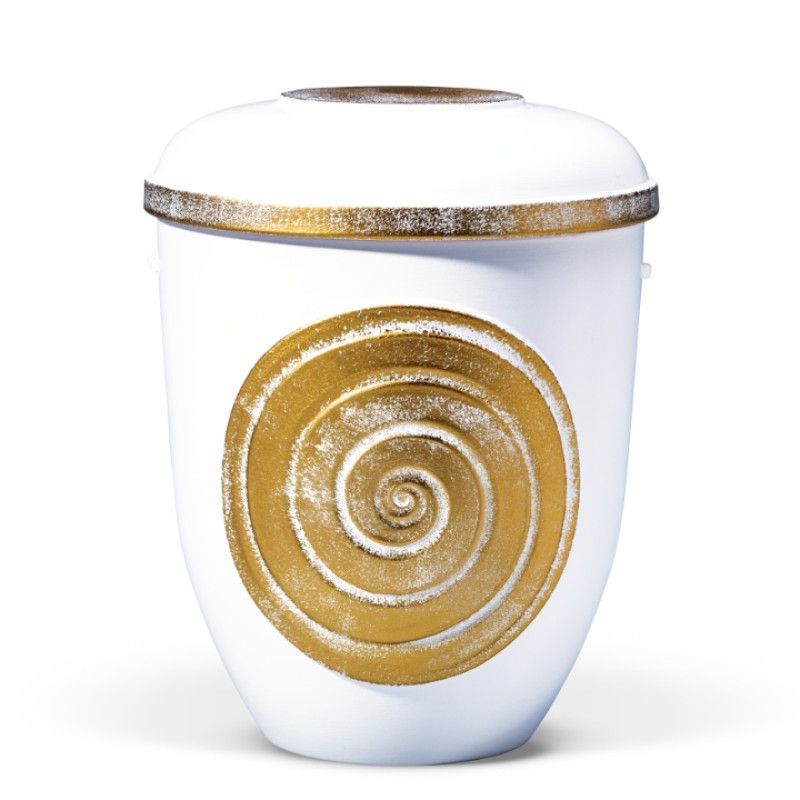 Keramikurne in Weiß mit goldschattierter Spirale und goldfarbener Randverzierung, in Gesamtansicht dargestellt.