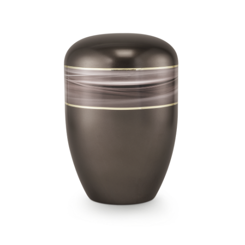 Die Urne der Edition Wave in perlmutt chocolat hat eine ovale Form, ist aus einem biol. abbaubaren Material gefertigt und zeigt ein Wellenmotiv mit Goldstreifen.