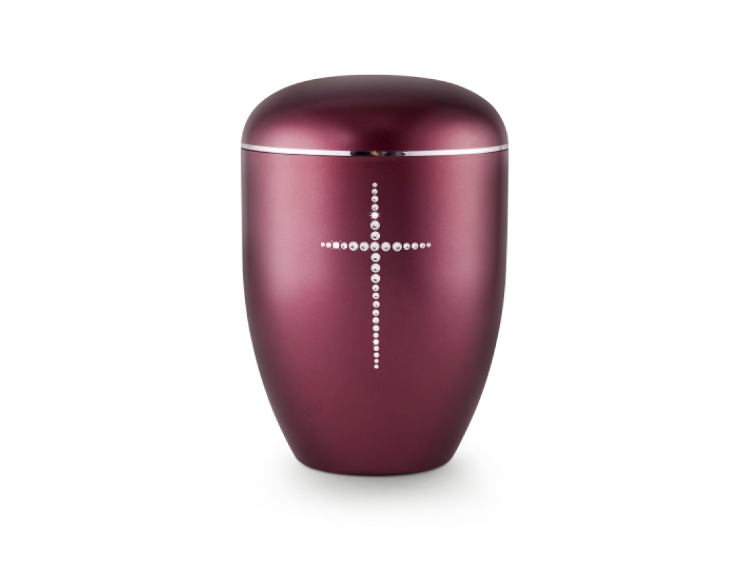 Edition Karat, perlmutt weinrot, Kreuz aus Kristallen, biol. abbaub. Edition Karat, perlmutt weinrot, Kreuz aus Kristallen, biol. abbaub.