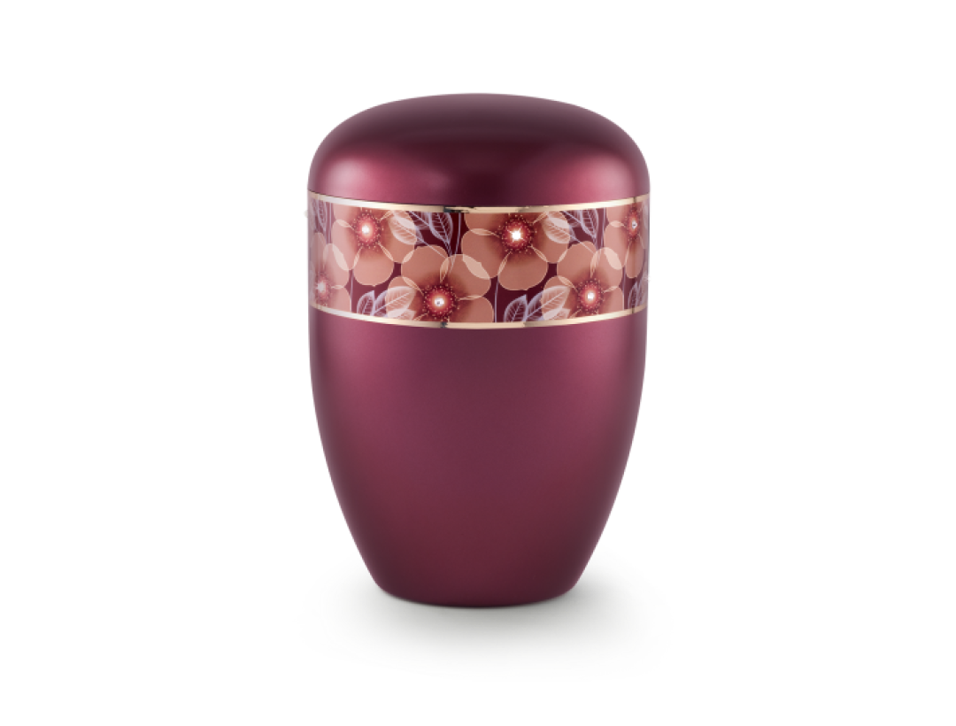 Edition Wave, perlmutt weinrot, Blumen-Dekor mit feinen Kristallen, Goldstreifen, biol. abbaub. Edition Wave, perlmutt weinrot, Blumen-Dekor mit feinen Kristallen, Goldstreifen, biol. abbaub.