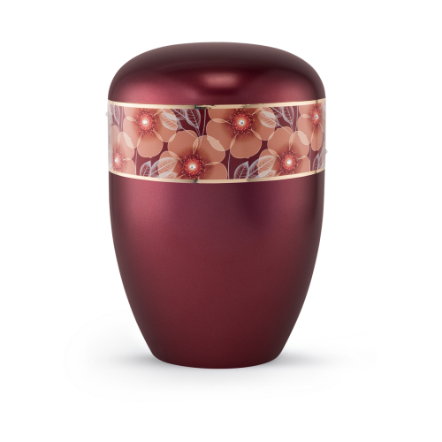 Urne in perlmutt weinrot mit Blumen-Dekor, verziert mit feinen Kristallen und Goldstreifen, in runder Form mit geschwungenem Deckel und Gesamtansicht.