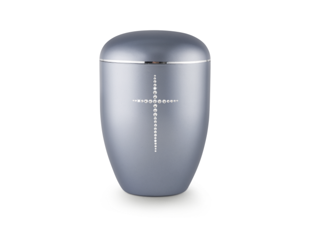 Edition Karat, perlmutt stahlgrau, Kreuz aus Kristallen, biol. abbaub. Edition Karat, perlmutt stahlgrau, Kreuz aus Kristallen, biol. abbaub.