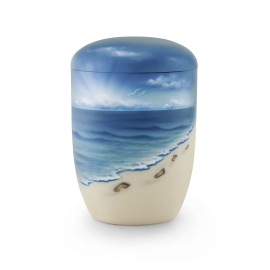 Edition Seeurnen, Airbrushmotiv Fußspuren im Sand, Anhydrit-Tonolith Edition Seeurnen, Airbrushmotiv Fußspuren im Sand, Anhydrit-Tonolith