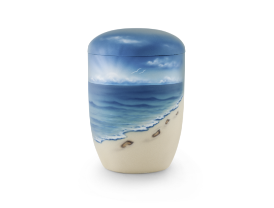 Edition Seeurnen, Airbrushmotiv Fußspuren im Sand, Anhydrit-Tonolith