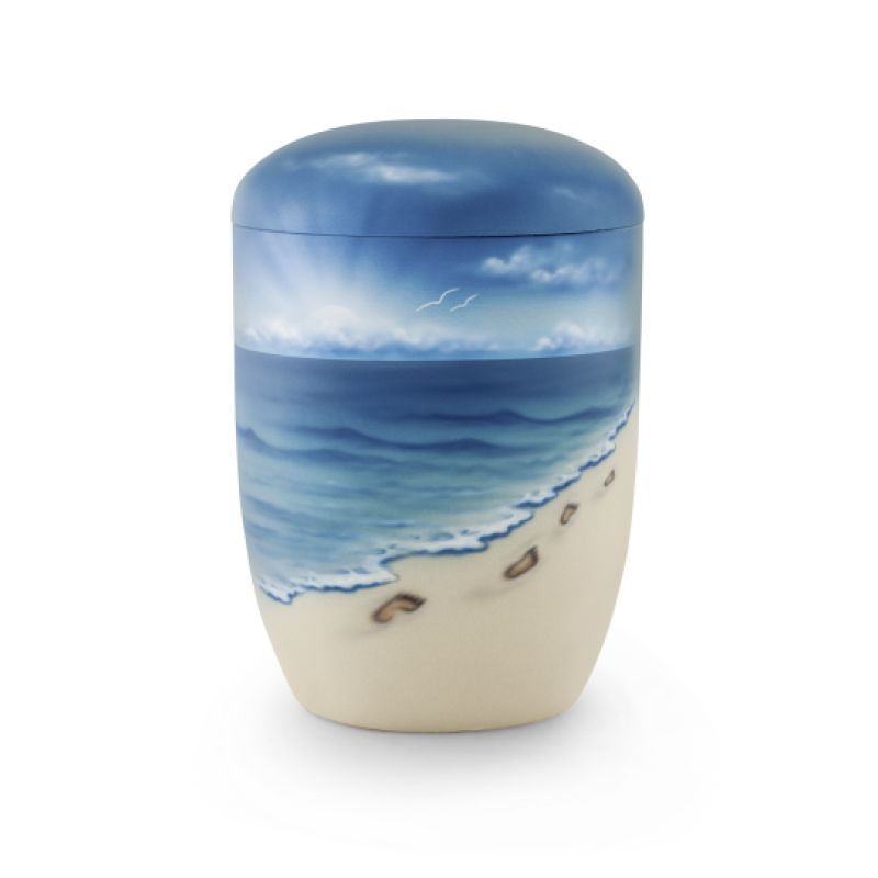 Edition Seeurnen, Airbrushmotiv Fußspuren im Sand, Anhydrit-Tonolith