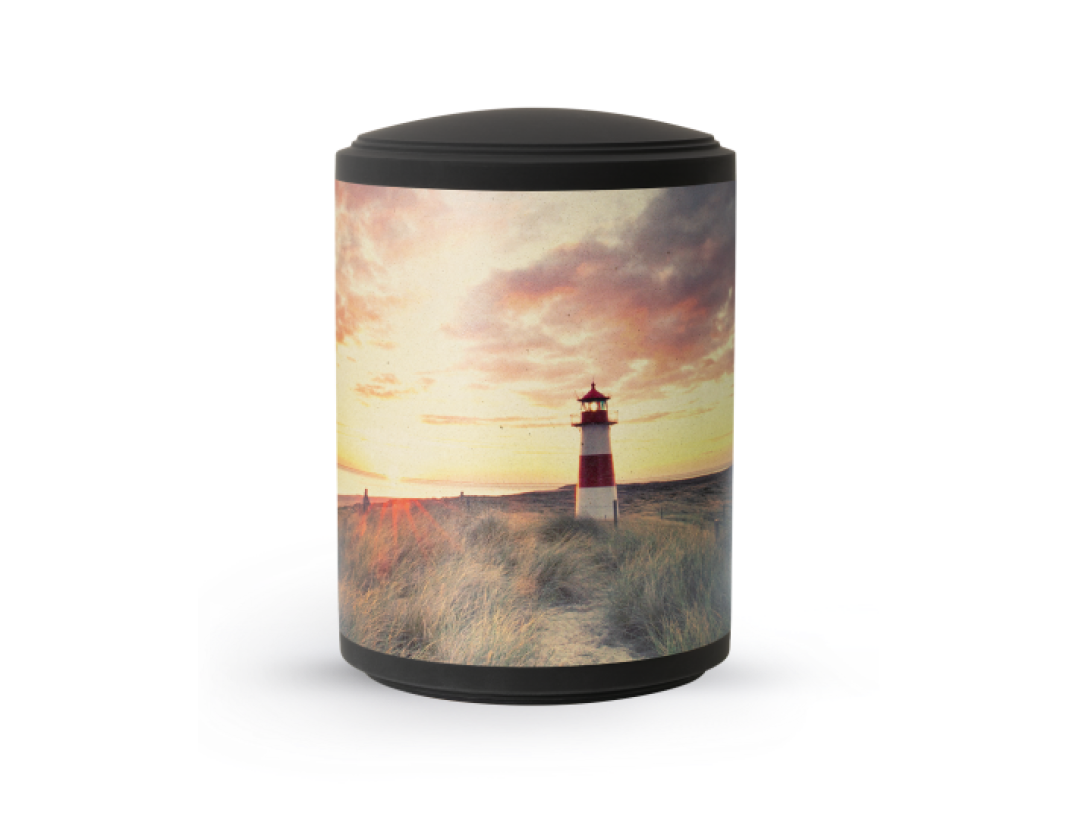 Edition Mare, Samton schwarz, Leuchtturm, Band aus Pflanzenfasern, Anhydrit-Tonolith