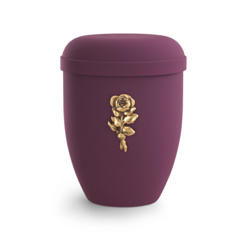 Die burgunderfarbene Urne aus der Edition Classic hat eine glatte Oberfläche und ist mit einem goldenen Röschen verziert, sichtbar in einer Gesamtansicht.