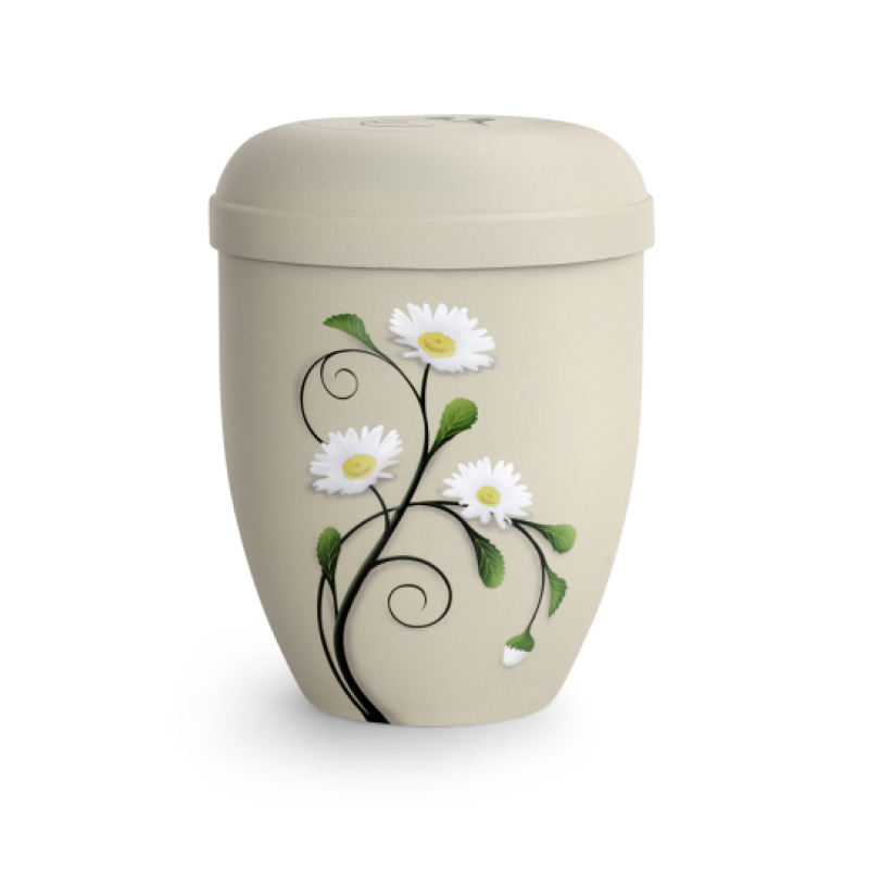 Die cremefarbene Urne aus der Edition Classic ist aus bioloisch abbaubarem Material gefertigt und zeigt eine dekorative Margeritenmotivation auf der Vorderseite.