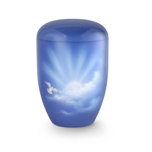 Die Urne in blauer Farbe zeigt einen Airbrush-Druck mit Wolken und einem strahlenden Himmel, aus biologisch abbaubarem Material und in runder Form.