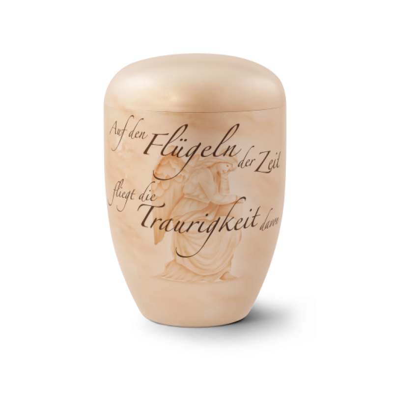 Urne aus der Edition Memento in perlmuttfarbener, handbemalter Keramik mit der Inschrift "Auf den Flügeln der Zeit fliegt die Traurigkeit davon" in geschwungener Schrift.