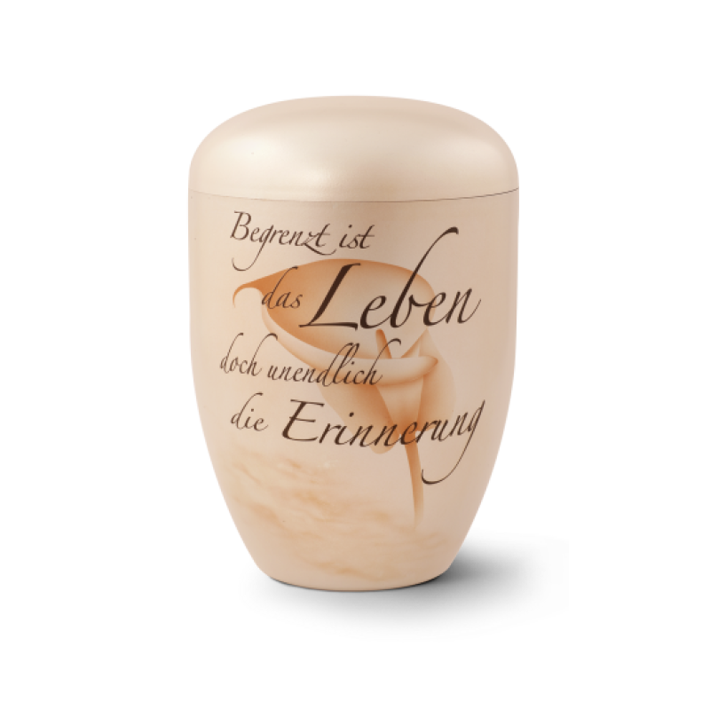 Eine handbemalte, perlmuttfarbene Naturstoff-Urne mit der Aufschrift „Begrenzt ist das Leben, doch unendlich die Erinnerung“ in eleganter Schrift.
