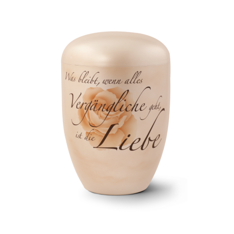 Naturstoff-Urne in perlmuttfarben, handbemalt mit einer Rose und dem Schriftzug „Was bleibt, wenn alles Vergängliche geht, ist die Liebe“, Gesamtansicht.
