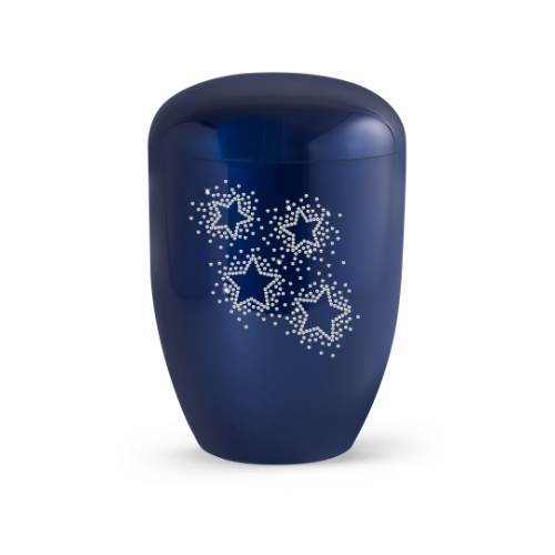 Hochglanz königsblaue Urne mit einem Sternenhimmel aus Kristallen, in ovaler Form und biologisch abbaubar, Gesamtansicht.