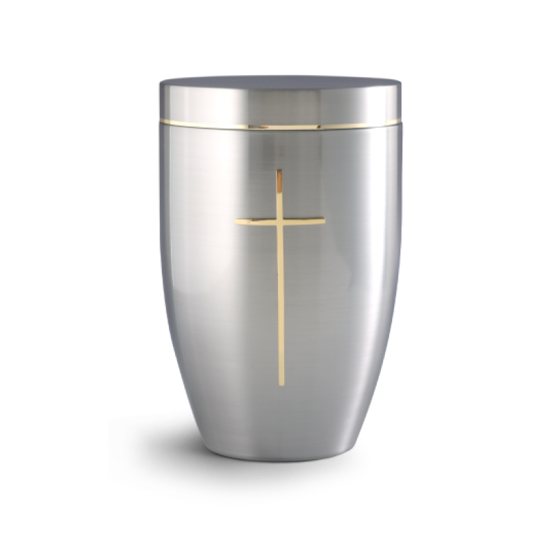 Metallurne der Edition Melina, gebürstete Oberfläche in Silber mit goldfarbener Kreuzgravur, zylindrische Form, Gesamtansicht.